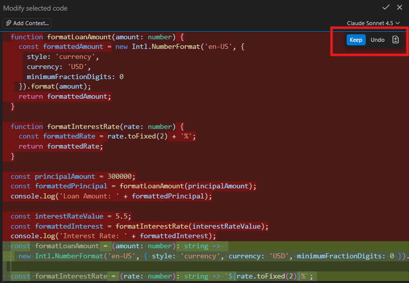 Inline Chat diff view showing verbose variable declarations replaced with concise arrow functions
