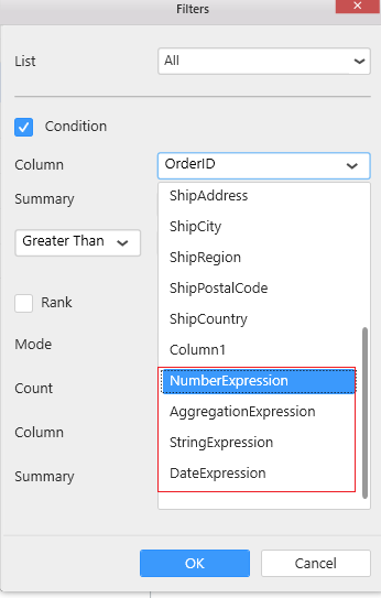 Expression column in filter