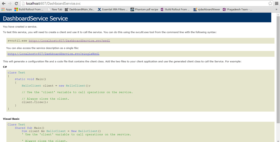 Dashboard Service running in web browser