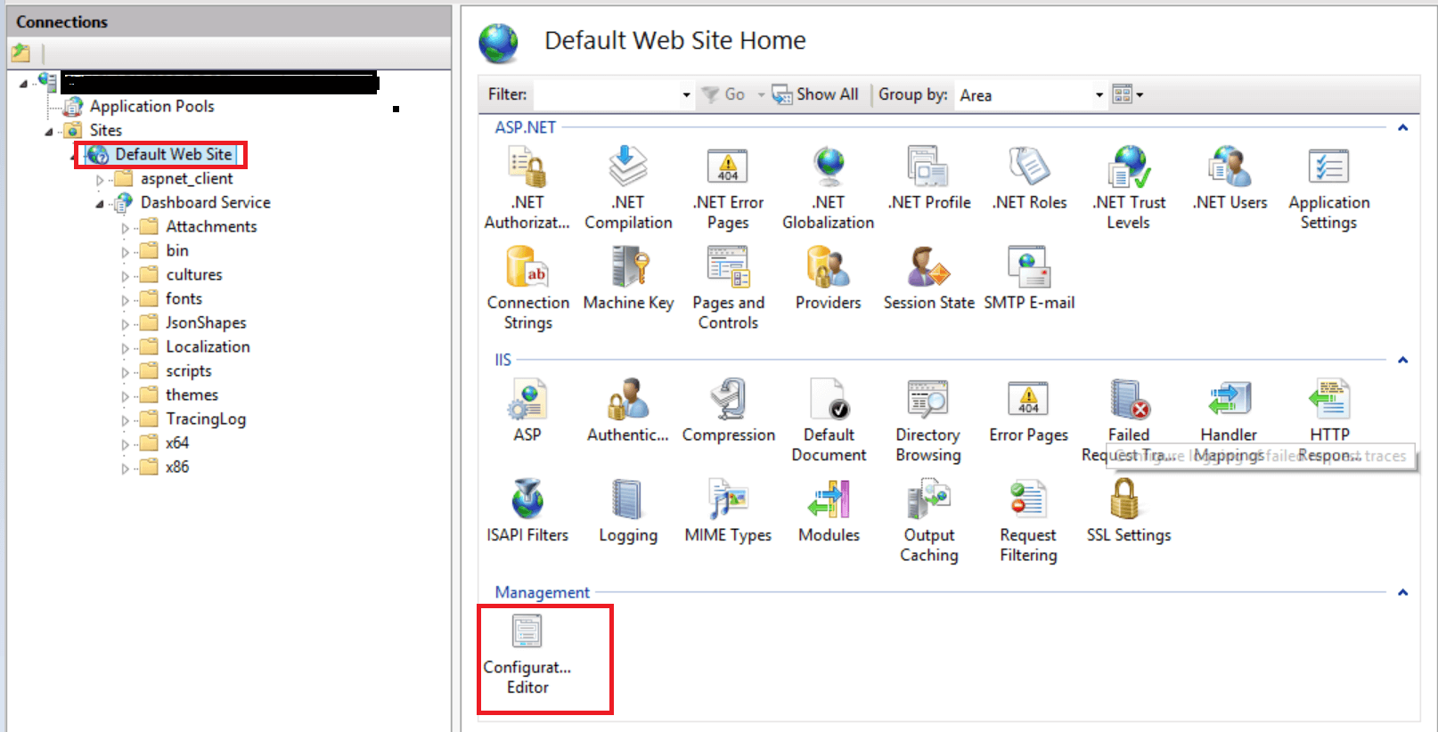 Default website homescreen with Configuration Editor icon highlighted