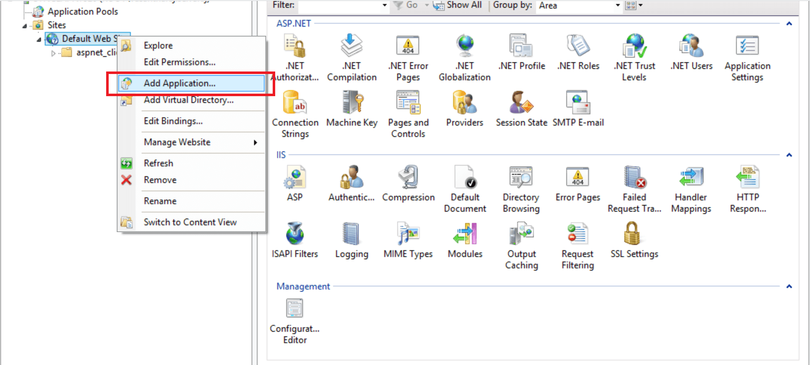 IIS Manager view with Add application option highlighted