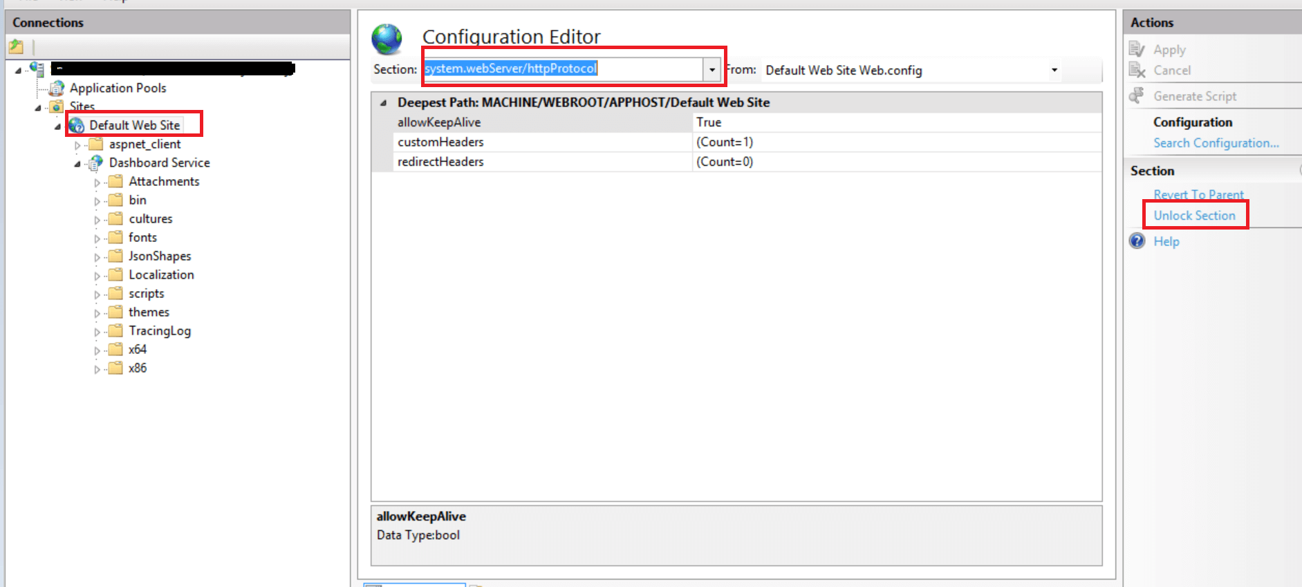 Configuration Editor with section highlighted