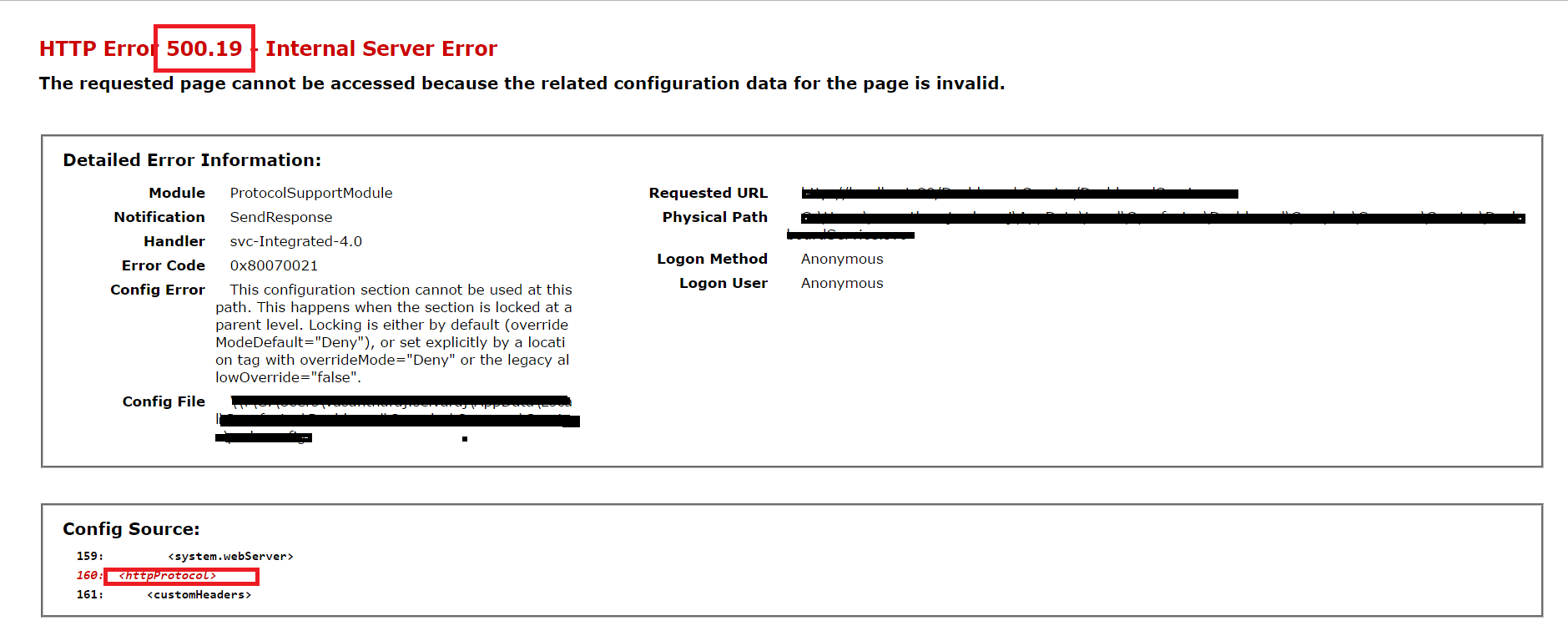 HTTP Error 500.19 Page