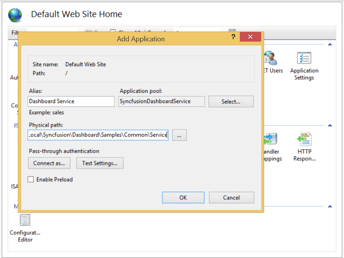 IIS Manager with Add Application window