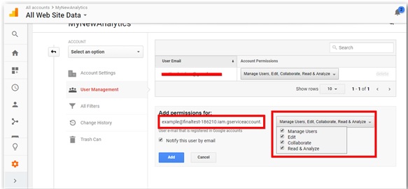 Google analytics account permission page
