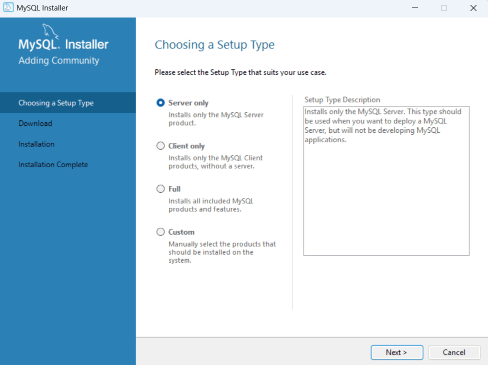 MySQL Setup Type