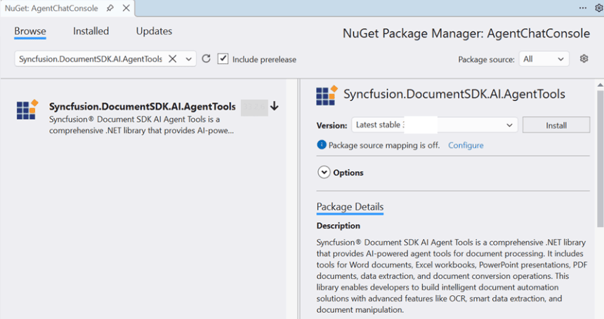 Install DocIO .NET Core NuGet package