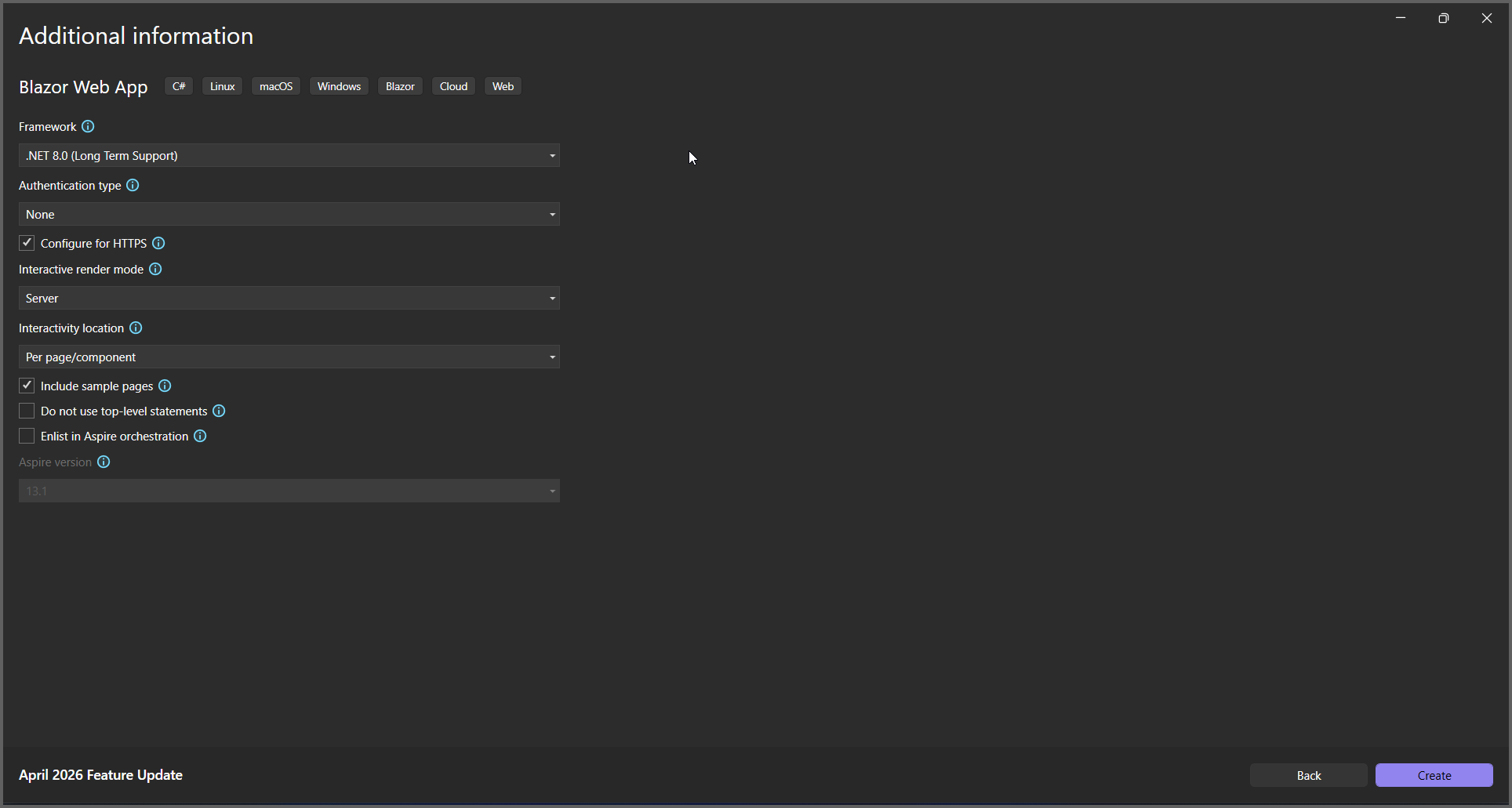 Select the framework in Blazor Web App Server in Visual Studio