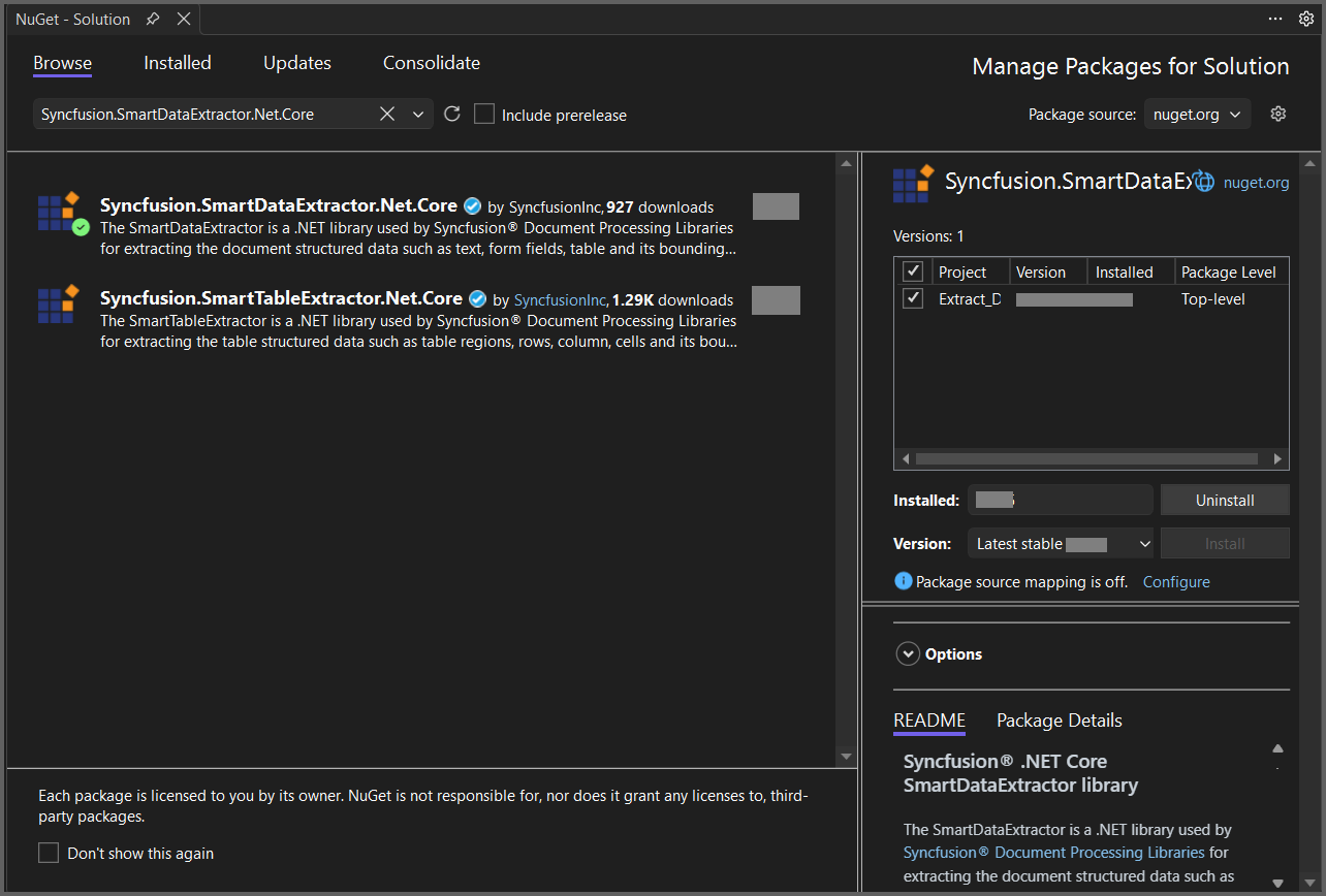 Install Syncfusion.SmartDataExtractor.Net.Core NuGet Package