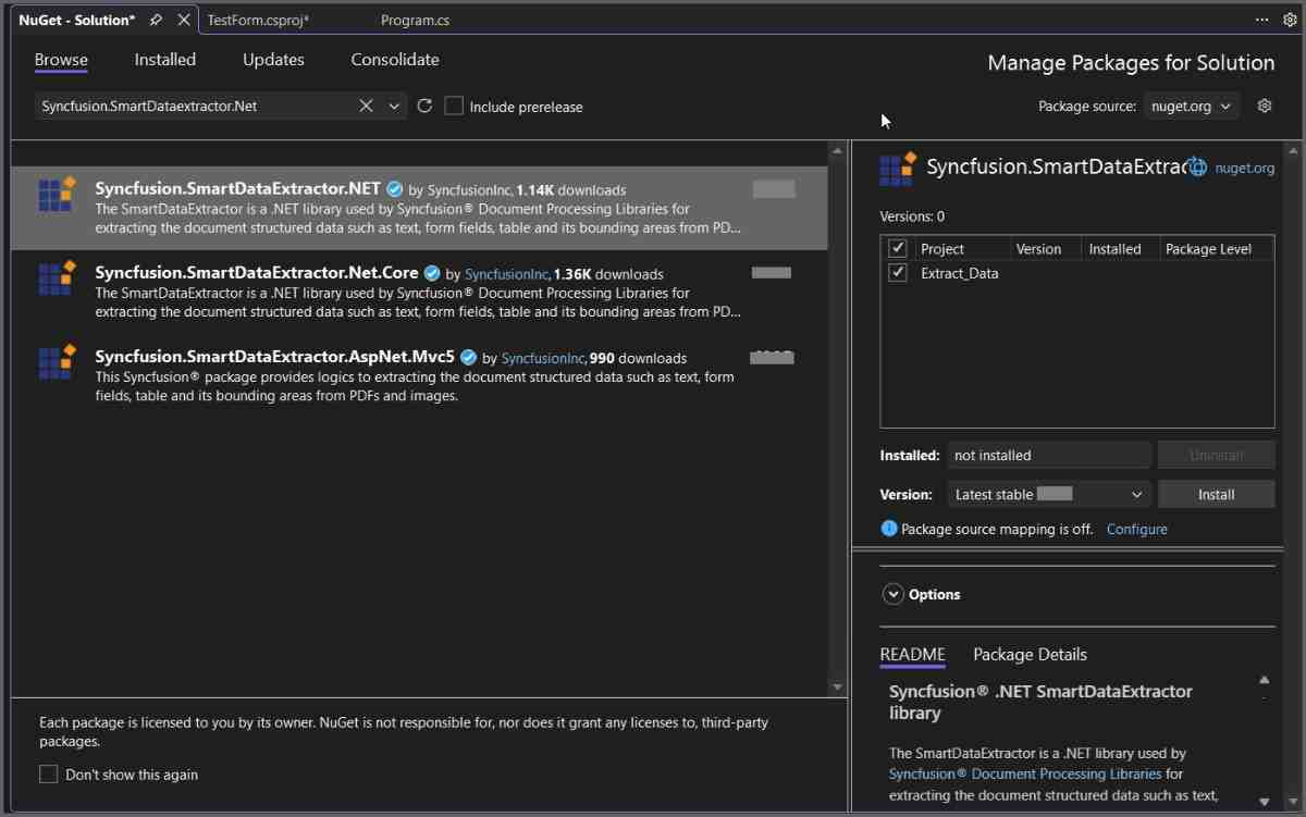 Install Syncfusion.SmartDataExtractor.NET NuGet package