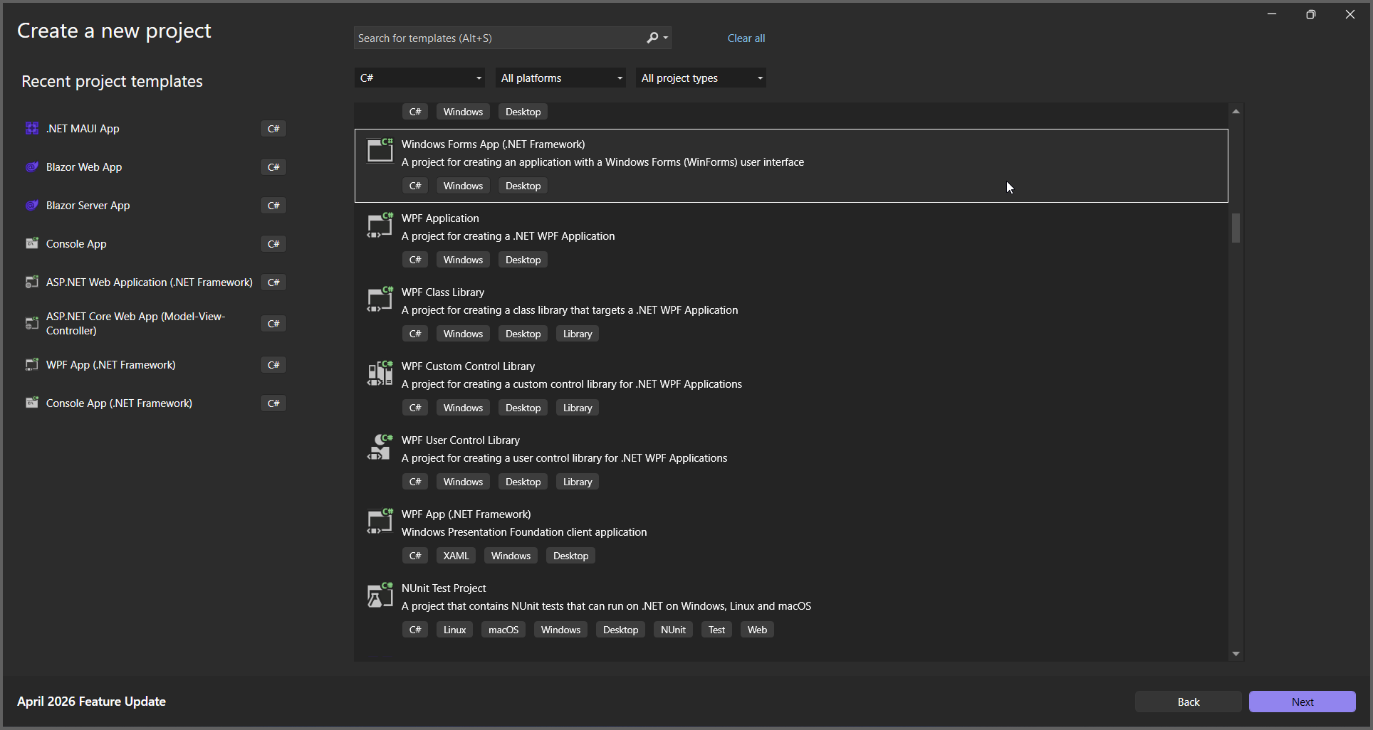 Create Windows Forms application in Visual Studio