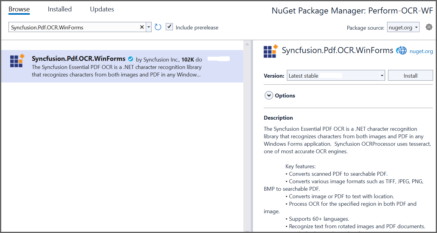 OCR NuGet package installation