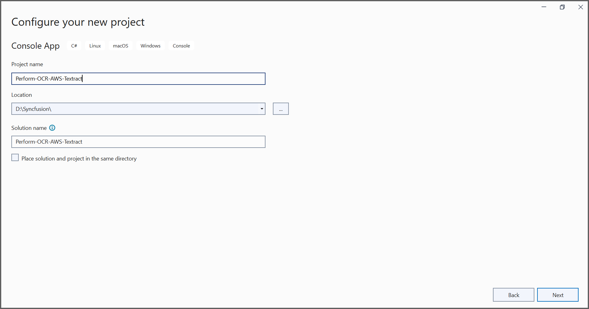 Project configuration window