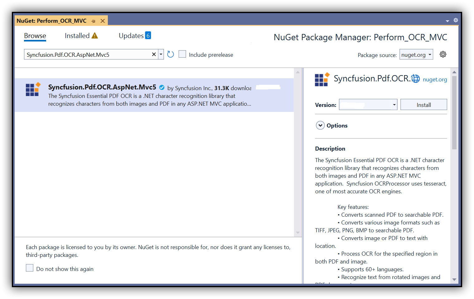OCR ASP.NET MVC NuGet package installation