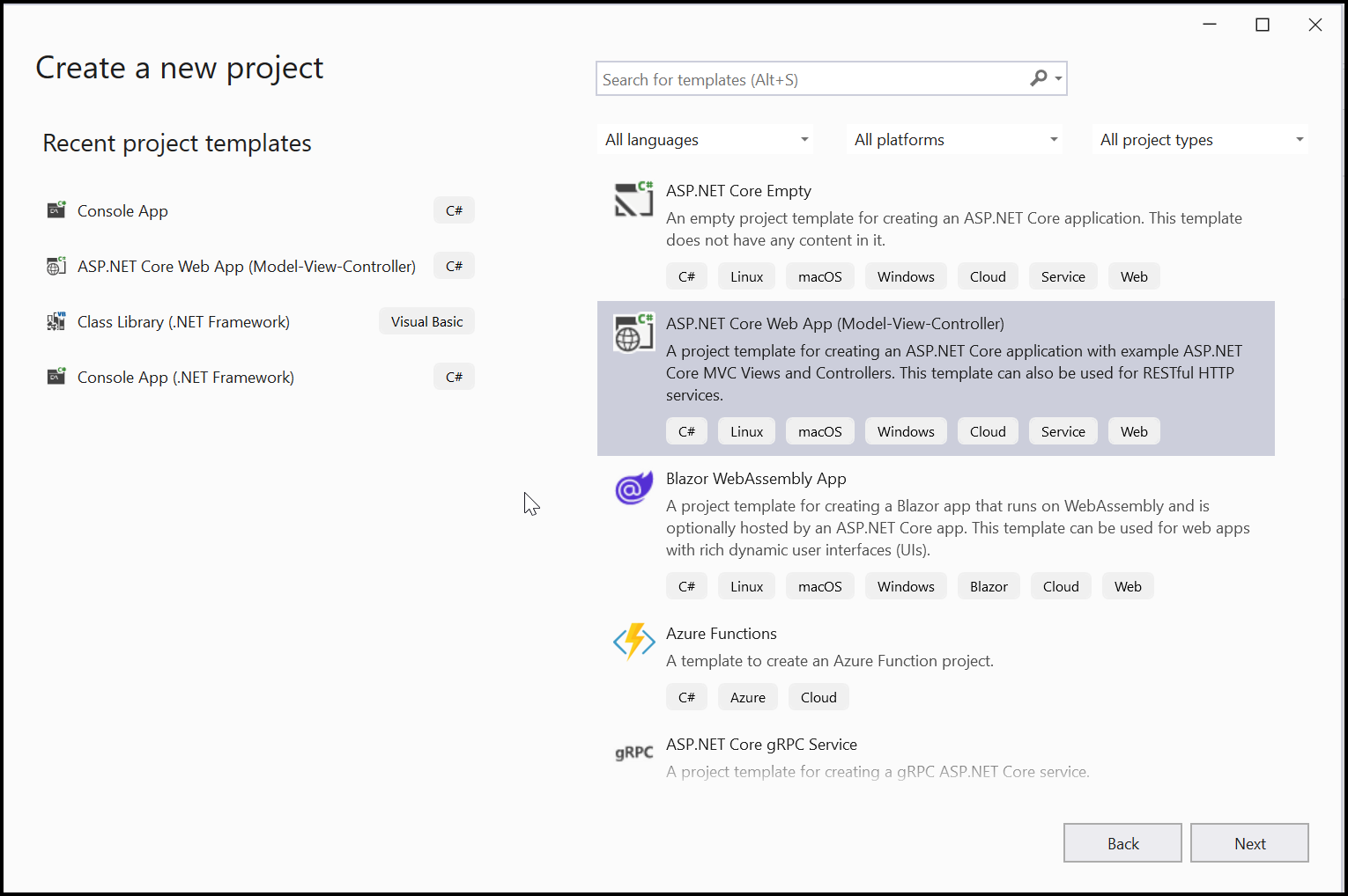 ASP.NET Core project creation