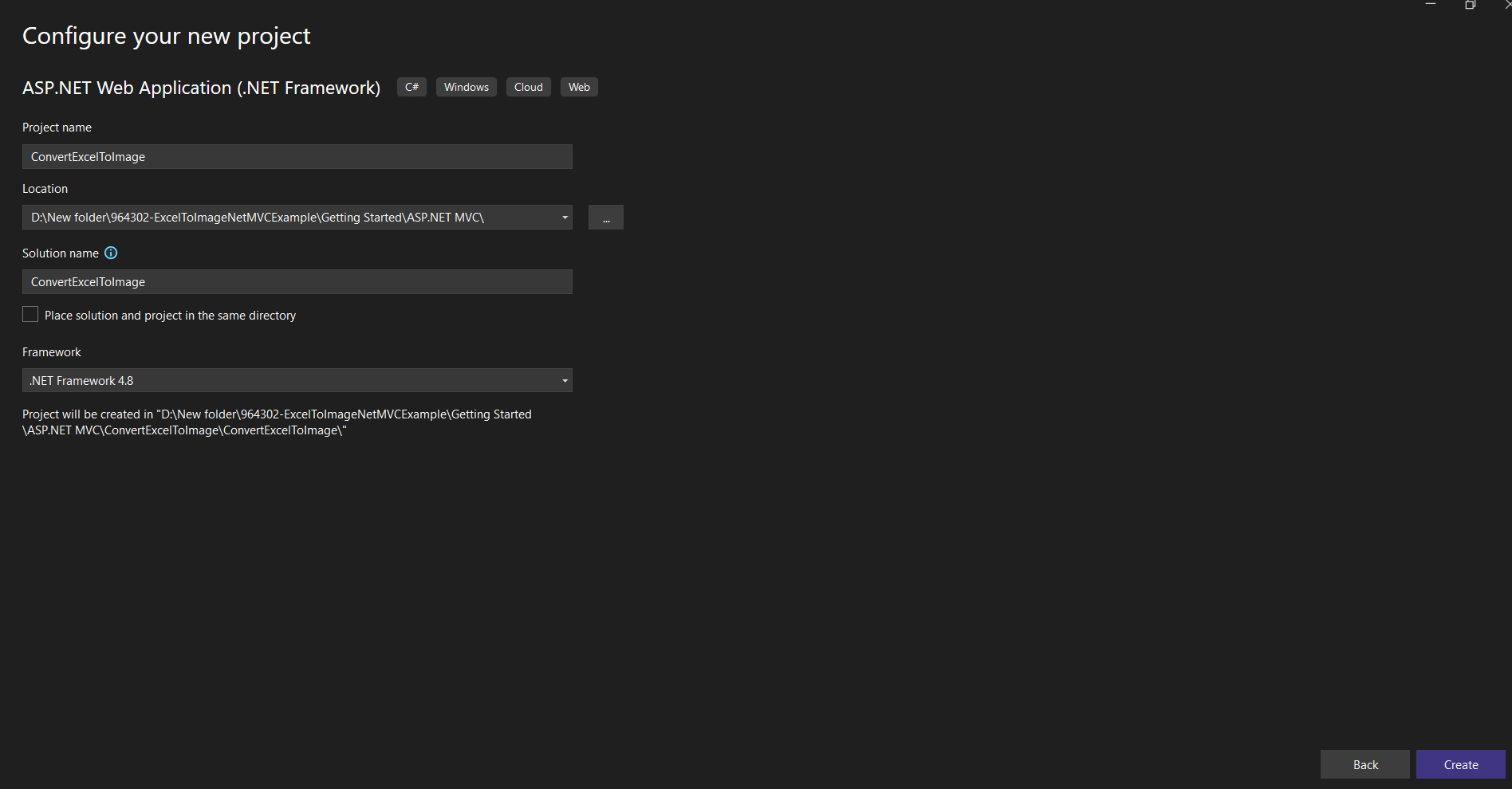 Name the project and choose the framework version