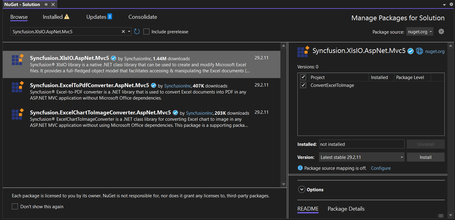Install Syncfusion.XlsIO.AspNet.Mvc5 NuGet Package