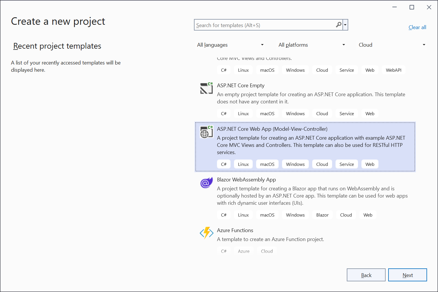 Create a ASP.NET Core Web App project in visual studio