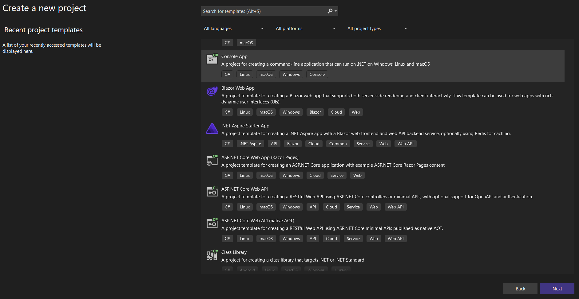 Create .NET Core console project in Visual Studio