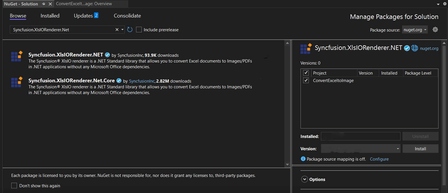 Install Syncfusion.XlsIORenderer.Net NuGet Package