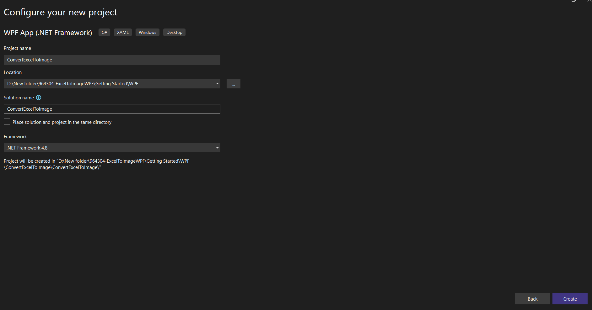 Name the project and choose the framework version