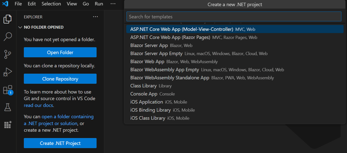 Create a ASP.NET Core Web App project in visual studio