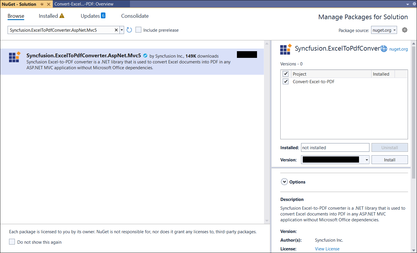 Install Syncfusion.ExcelToPdfConverter.AspNet.Mvc5 NuGet Package