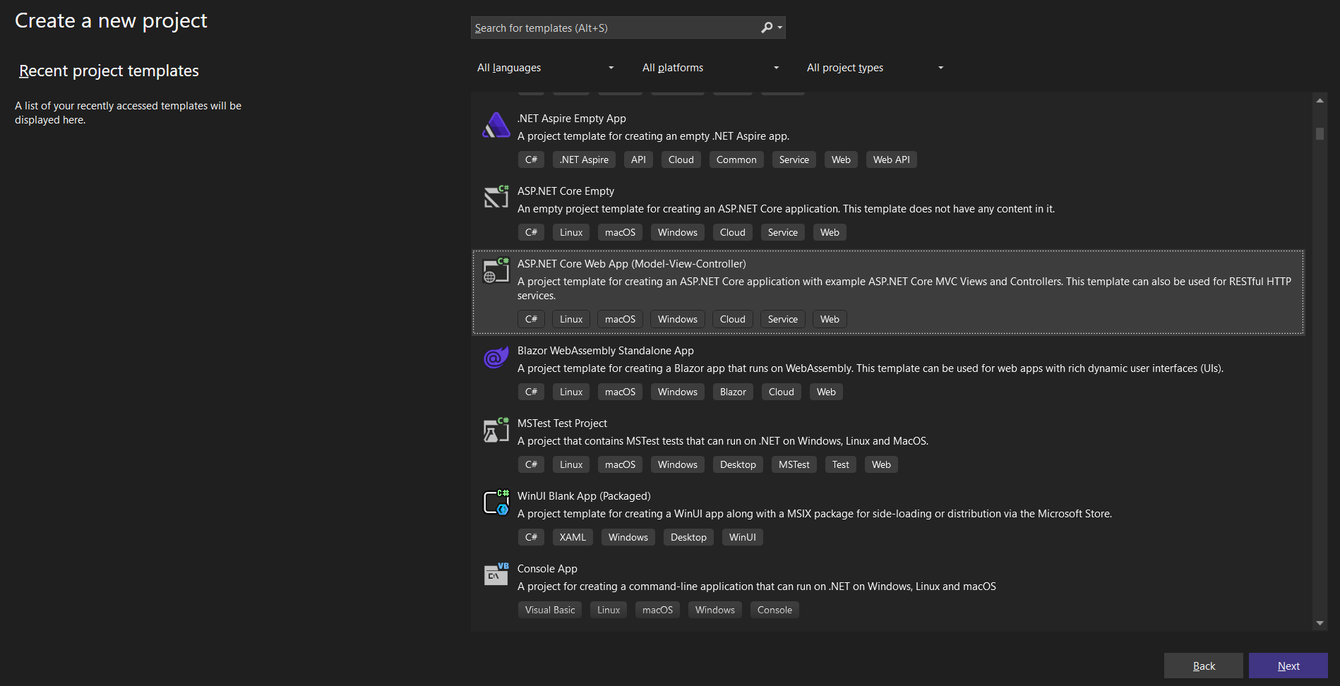 Create ASP.NET Core Web application in Visual Studio