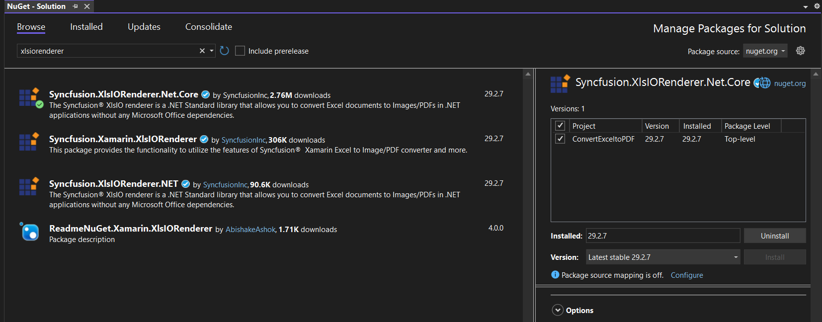 Install Syncfusion.XlsIORenderer.Net.Core NuGet package