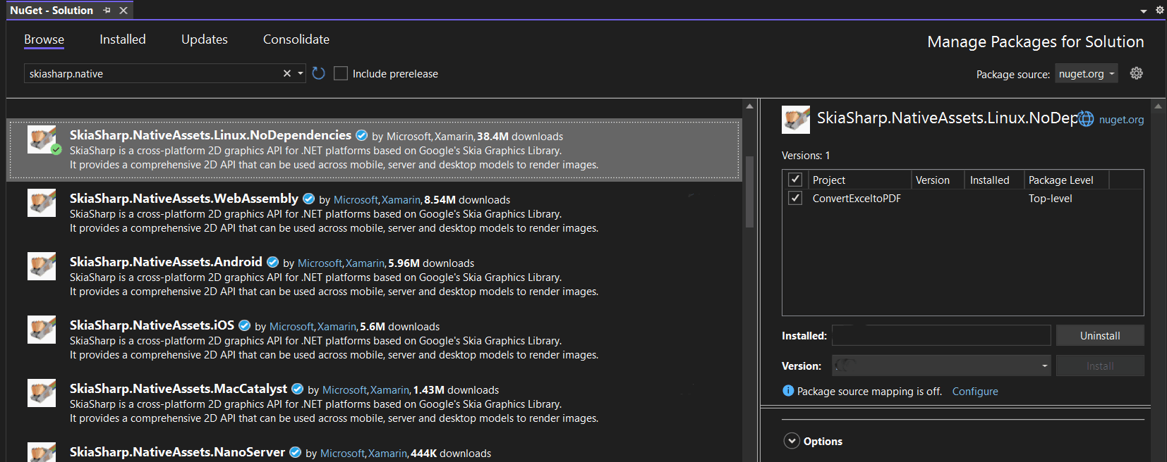 Install SkiaSharp.NativeAssets.Linux.NoDependencies v3.116.1 NuGet Package