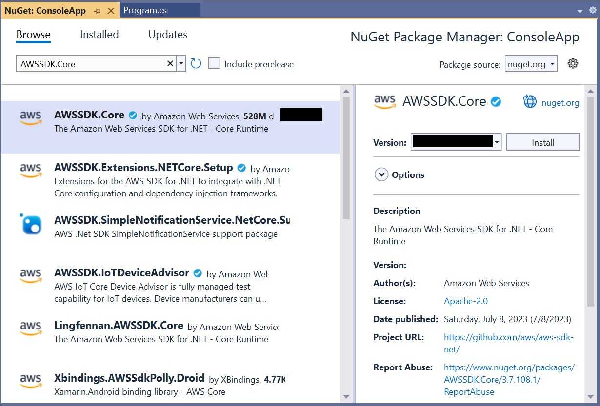 Install AWSSDK.Core NuGet package