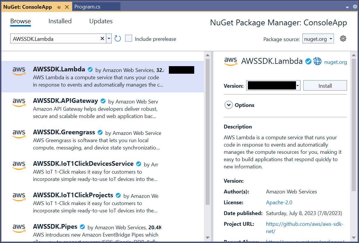 Install AWSSDK.Lambda NuGet package