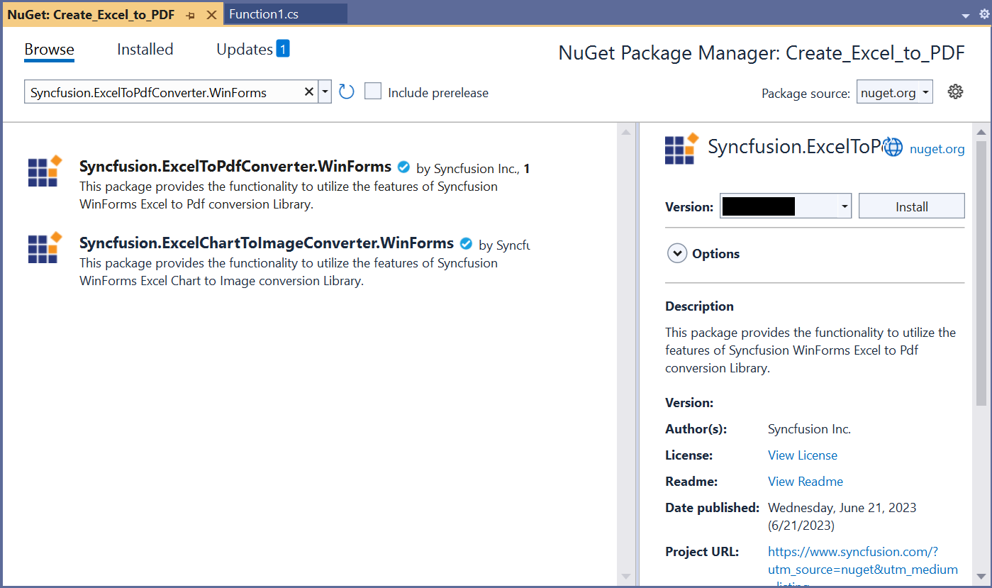 Install Syncfusion.ExcelToPdfConverter.WinForms NuGet package
