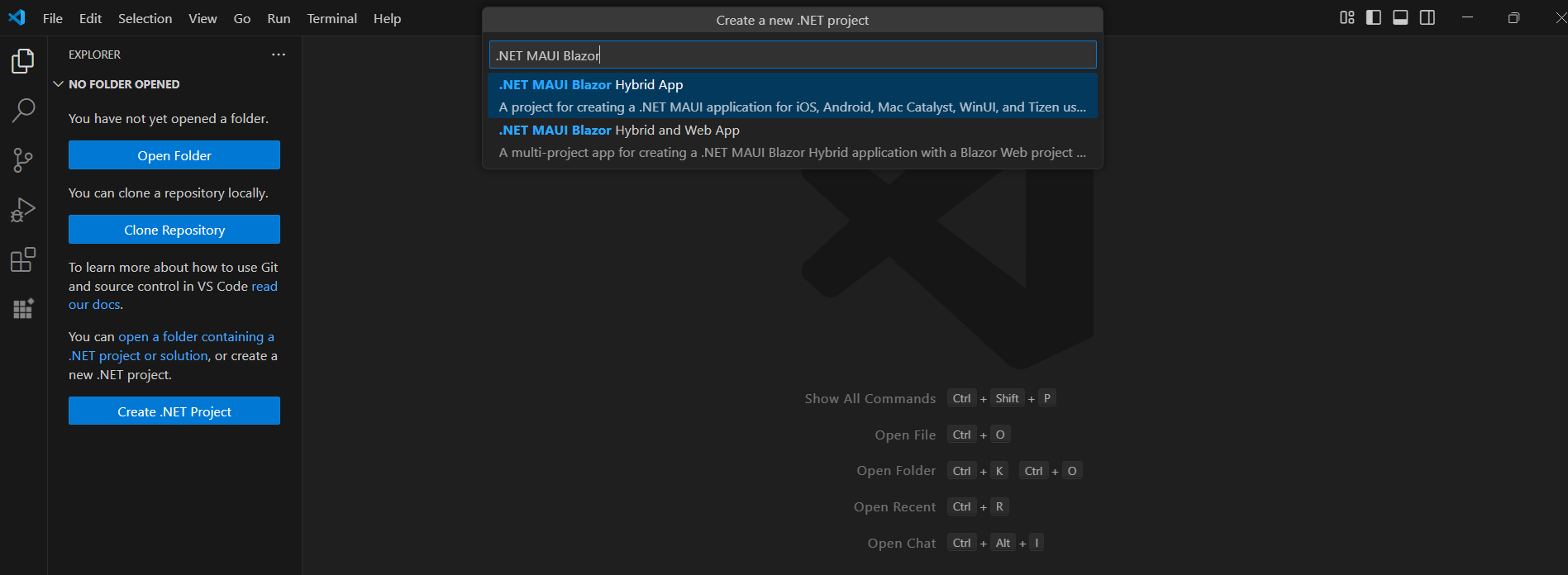 Create a .NET MAUI Blazor Hybrid Application project in visual studio