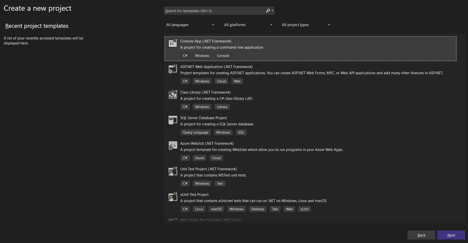 Create .NET Core console project in Visual Studio