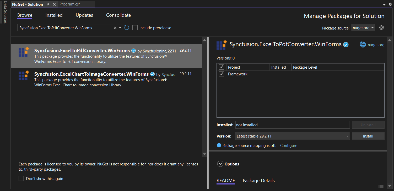 Install Syncfusion.ExcelToPdfConverter.WinForms NuGet Package