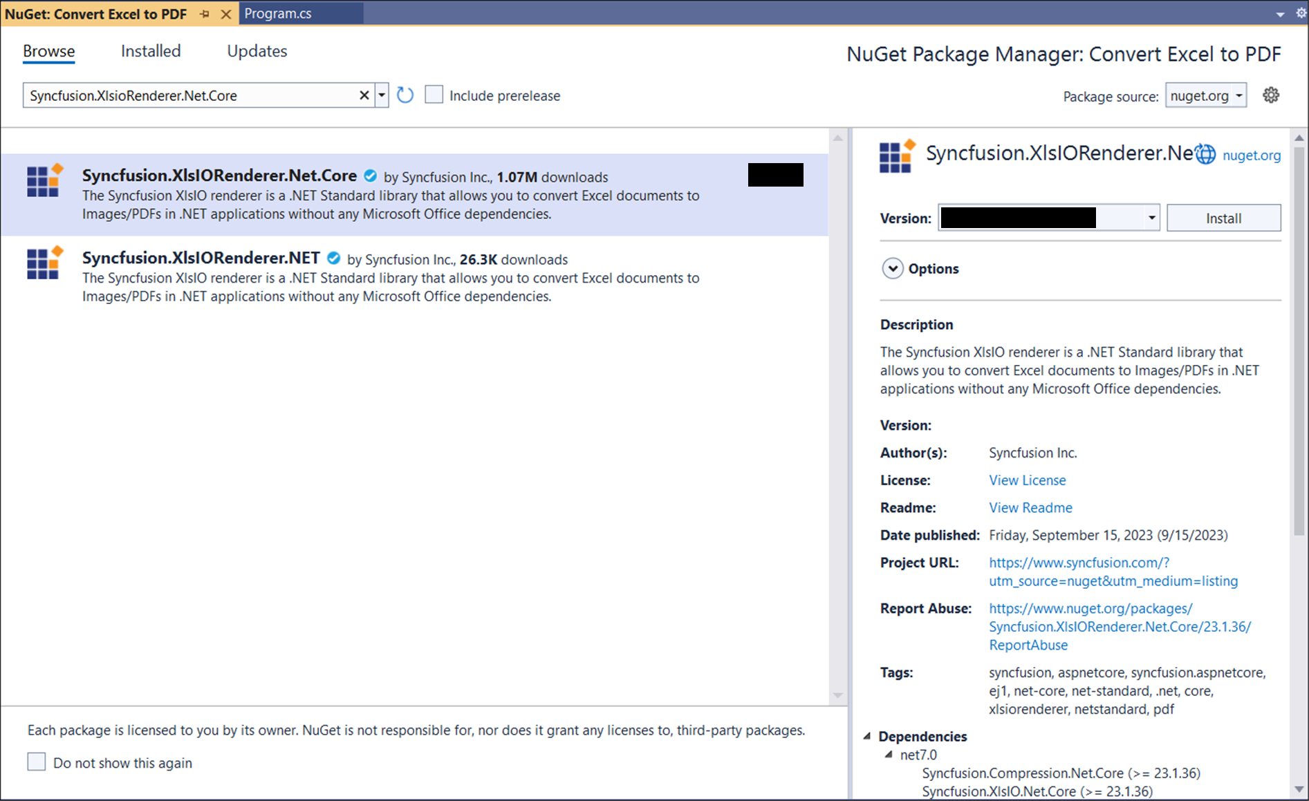 Install Syncfusion.XlsIORenderer.Net.Core NuGet Package