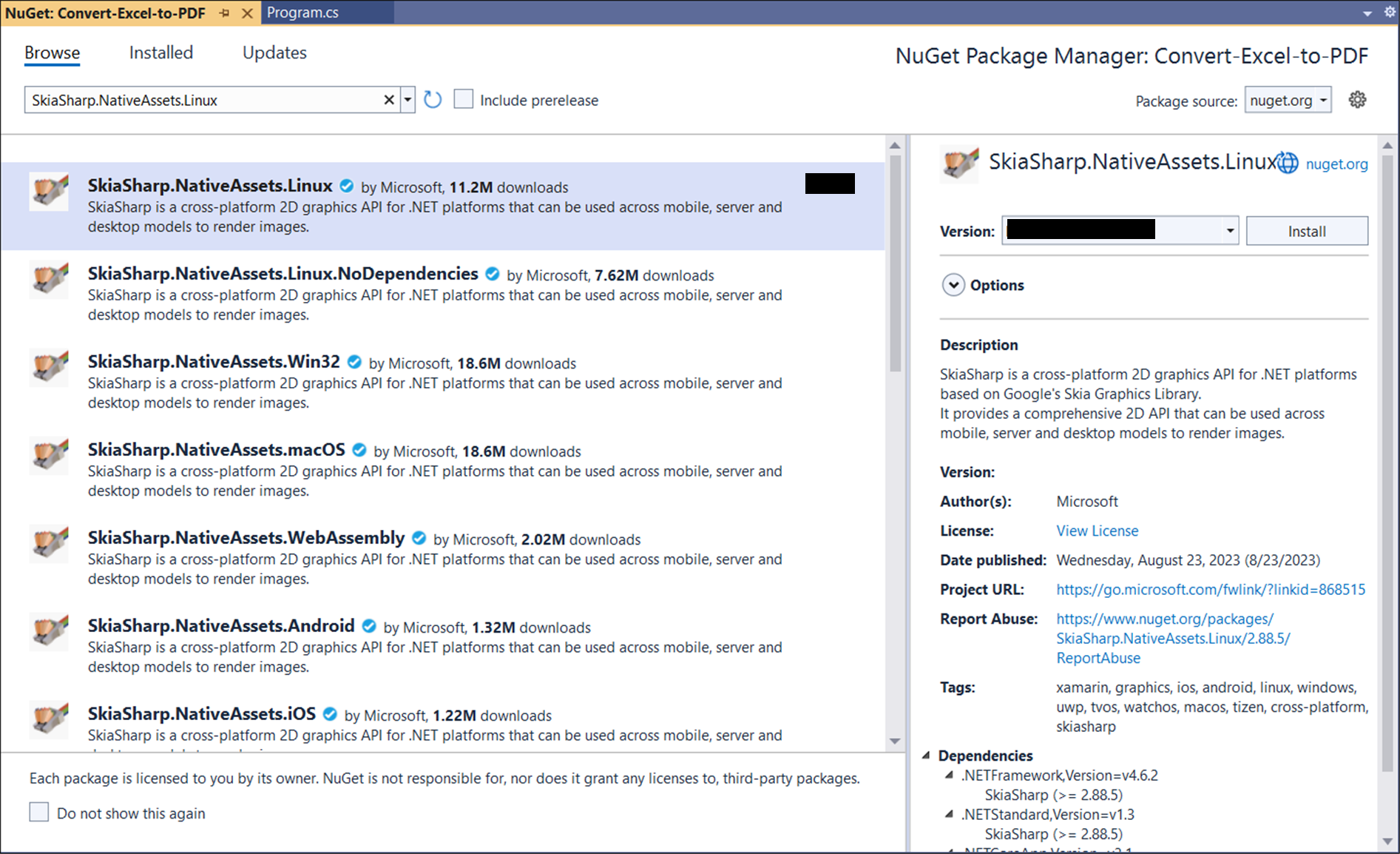 Install SkiaSharp.NativeAssets.Linux v2.80.2 NuGet Package