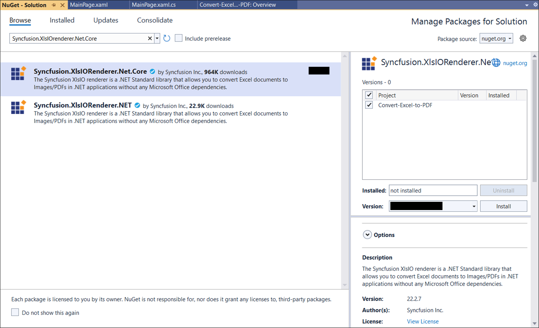 Install Syncfusion.XlsIORenderer.Net NuGet Package