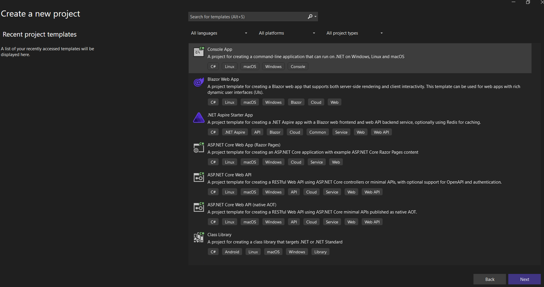 Create .NET Core console project in Visual Studio