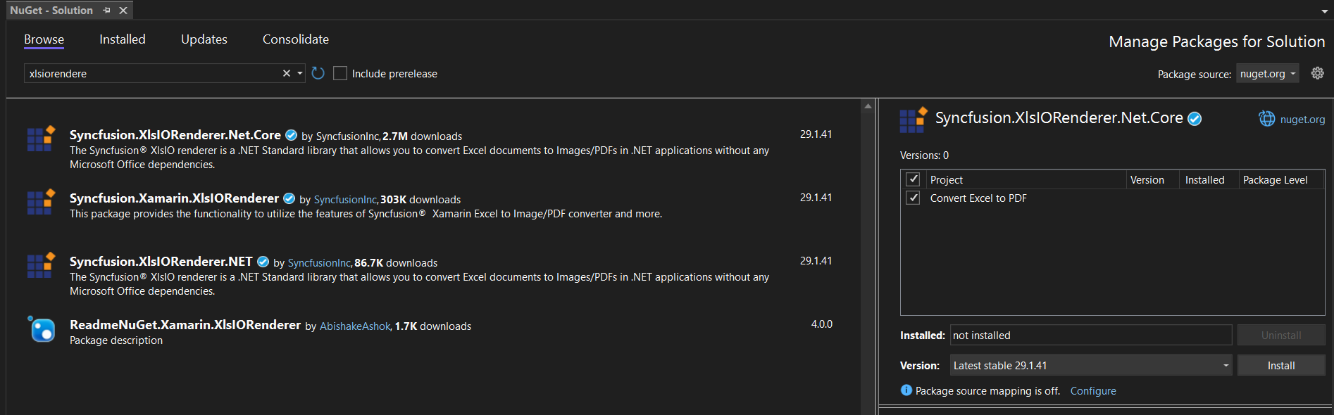 Install Syncfusion.XlsIORenderer.Net.Core NuGet Package