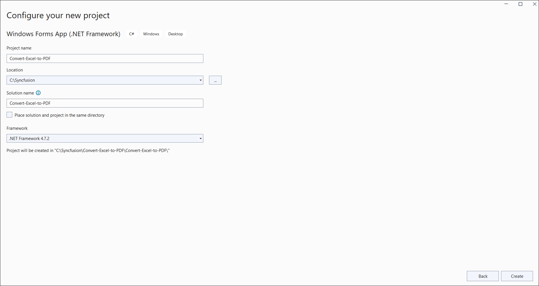 Name the project and choose the framework version