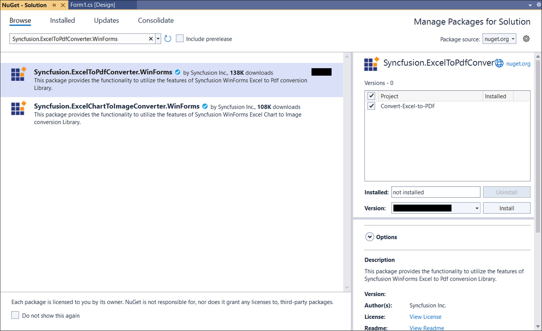 Install Syncfusion.ExcelToPdfConverter.WinForms NuGet Package