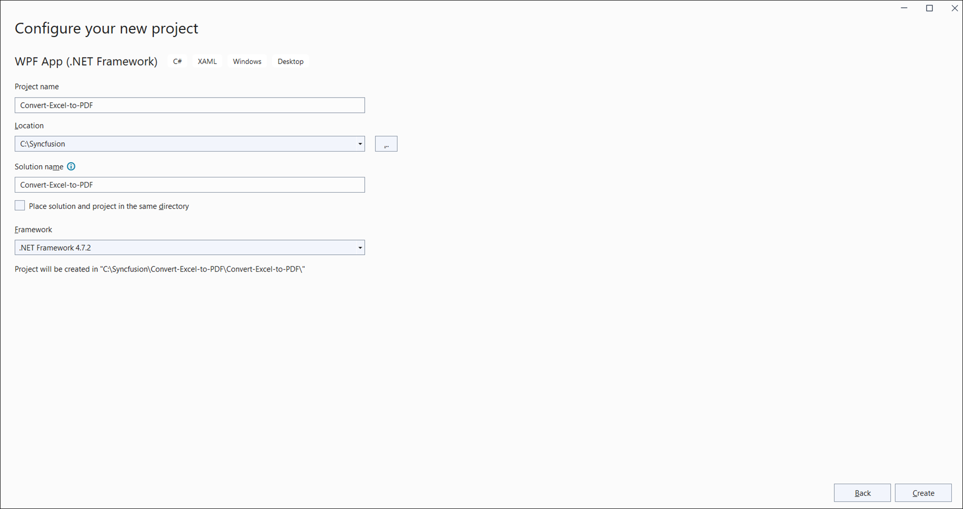 Name the project and choose the framework version