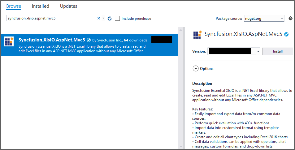 Install Syncfusion.XlsIO.AspNet.Mvc5 Nuget Package