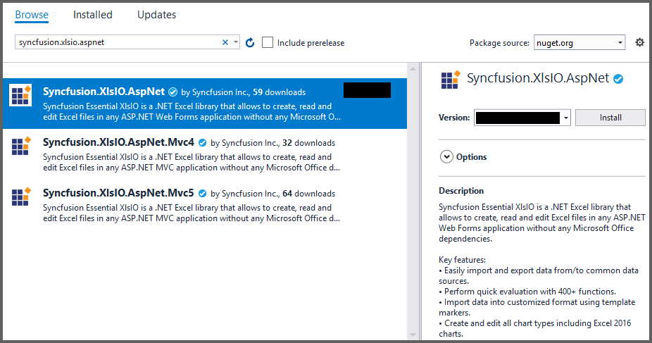 Install Syncfusion.XlsIO.AspNet Nuget Package