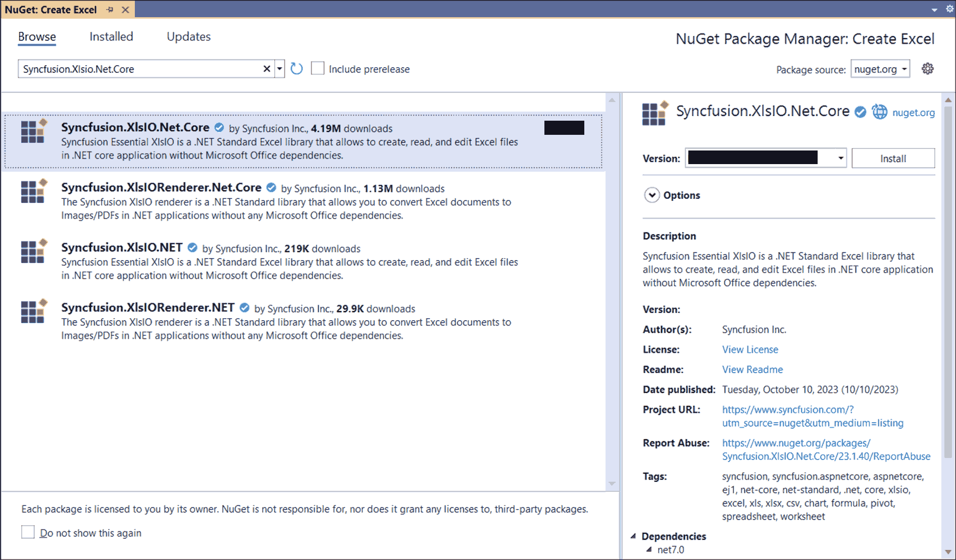 Install Syncfusion.XlsIO.Net.Core NuGet package