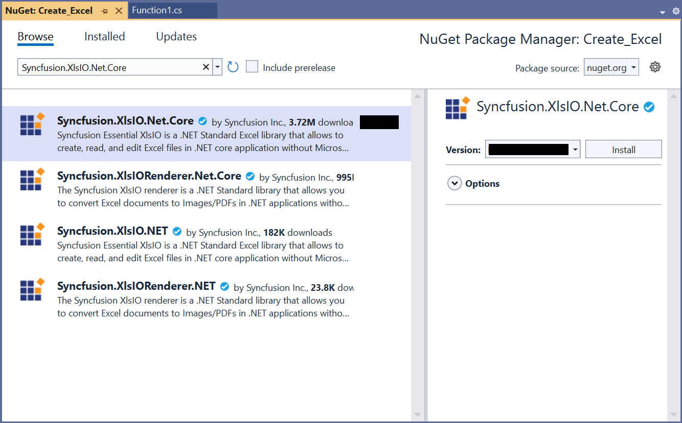 Install Syncfusion.XlsIO.Net.Core NuGet package