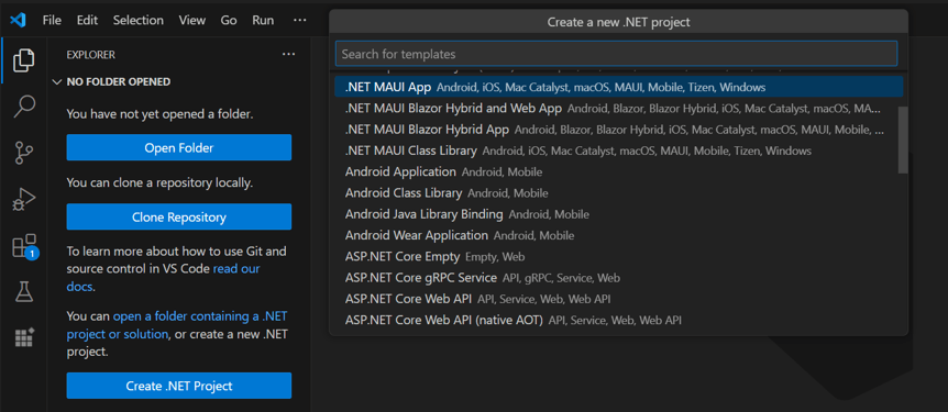 Create .NET MAUI application in Visual Studio