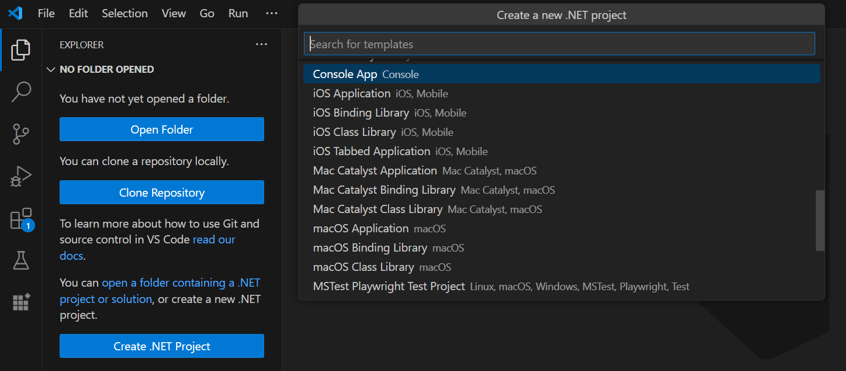 Create .NET Core console project in Visual Studio Code